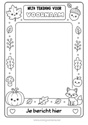 Gratis kleurplaat Pompoen Herfst Vos Bladeren Symbolen Bosdieren Eikel Kader Dode bladeren Tekening kader
