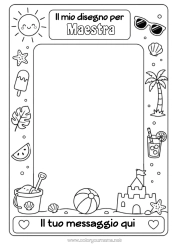 Colorazione gratuita Estate Sole Palma Frutta Simboli Castello di sabbia Cocktail Anguria Palla da spiaggia Secchio da spiaggia Giochi e giocattoli Cornice Occhiali da sole Cornice per disegno