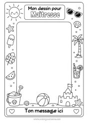 Coloriage gratuit Été Soleil Palmier Fruits Symboles Château de sable Cocktail Pastèque Ballon de plage Seau de plage Jeux et jouets Cadre Lunettes de soleil Cadre de dessin