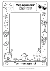 Coloriage gratuit Été Soleil Palmier Fruits Symboles Château de sable Cocktail Pastèque Ballon de plage Seau de plage Jeux et jouets Cadre Lunettes de soleil Cadre de dessin