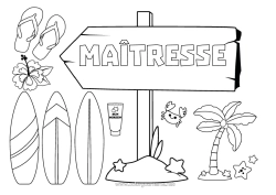 Coloriage gratuit Vacances Tong Surf Hibiscus Sports nautiques Pancarte
