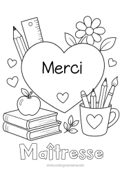 Coloriage gratuit Coeur Grand coeur Livre Lecture Crayon Rentrée scolaire Fournitures scolaires Pot de crayons