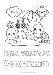 Kleurplaat aanpassen Kawaii Vakantie Zon Ananas Fruit Zeedieren Reptielen Parasol Koffers en bagage Zeeschildpad Landschildpad Zonnebril