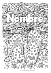 Colorear para personalizar Conchas marinas Chanclas Dibujos complejos para colorear Zentangle Estrella de mar Animales marinos o acuáticos Olas