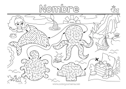 Colorear para personalizar Actividades para niños Delfín Sirena Animales marinos o acuáticos Tesoro Pulpo Laberinto Tortuga marina