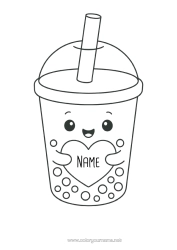Free coloring Heart Kawaii Drinks Bubble tea