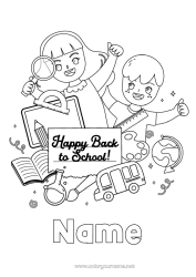 Colouring to customise Child Bus, Car Land Public Transport Globe Back To School "Happy Return To School!" Pupil Stationery Supplies