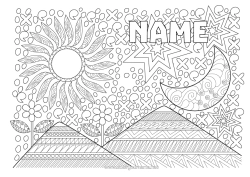 Colouring to customise Mandala Sun Moon Zentangle Mountain