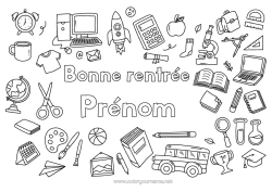 Coloriage gratuit Bus, car Crayon Transport en commun terrestres Cartable Rentrée scolaire Fournitures scolaires Calculatrice Fond décoratif