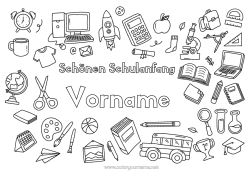 Kostenlose Malvorlage Bus, Auto Bleistift Öffentlicher Nahverkehr Schultasche Schulbeginn Schulbedarf Taschenrechner Dekorativer Hintergrund