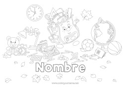 Colorear gratis Mochila escolar Globo terráqueo Regreso a clases Útiles escolares Escuadra Hojas muertas