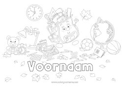 Gratis kleurplaat Schooltas Wereldbol Terug naar school Schoolbenodigdheden Winkelhaak Dode bladeren