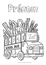 Coloriage à personnaliser Pinceau Crayon Transport En Commun Terrestres Fournitures Scolaires Ciseaux Pot De Crayons Bus Scolaire