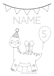 Coloring to customize Gifts Birthday Dinosaurs Children's activities Animal Easy coloring pages Trace and color Customizable age Party hat