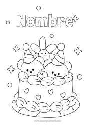 Colorear para personalizar Tarta Cumpleaños Kawaii Osito Animales del bosque Pastel de cumpleaños Gorrito de fiesta
