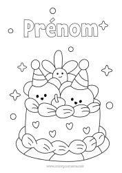 Coloriage gratuit Gâteau Anniversaire Kawaii Ourson Animaux de la forêt Gâteau d’anniversaire Chapeau de fête