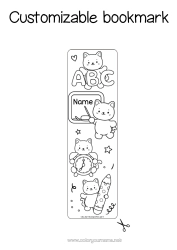 Coloring to customize Cat Kawaii Animal Bookmark School Dog and cat Pencil Back to School Class board School supplies Alarm clock Alphabet letter