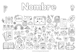 Colorear gratis Flores Kawaii Lápiz de color Lápiz Mochila escolar Regreso a clases Pizarra de clase Útiles escolares Tarro de lápices