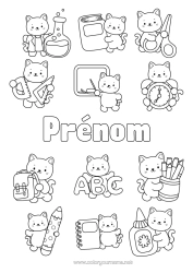 Coloriage à personnaliser Chat Kawaii Animal École Chiens et chats Crayon Cartable Tableau de classe Fournitures scolaires Réveil Rapporteur Ciseaux Pot de crayons