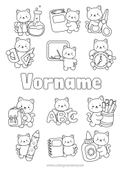 Kostenlose Malvorlage Katze Kawaii Tier Schule Hunde und Katzen Bleistift Schultasche Schulbeginn Klassentafel Schulbedarf Wecker Winkelmesser Schere Stiftehalter