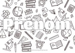 Coloriage à personnaliser École Symboles Crayon Cartable Globe Terrestre Rentrée Scolaire Fournitures Scolaires Équerre Calculatrice Science Microscope Fond Décoratif