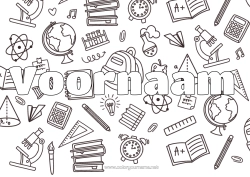 Gratis kleurplaat School Symbolen Potlood Schooltas Wereldbol Terug naar school Schoolbenodigdheden Winkelhaak Rekenmachine Wetenschap Microscoop Decoratieve achtergrond