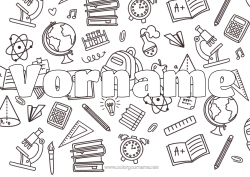 Malvorlage anpassen Schule Symbole Bleistift Schultasche Erdball Schulbeginn Schulbedarf Winkel Taschenrechner Wissenschaft Mikroskop Dekorativer Hintergrund