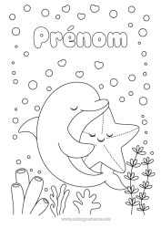 Coloriage à personnaliser Coeur Kawaii Animal Dauphin Étoile de mer Animaux marins ou aquatique