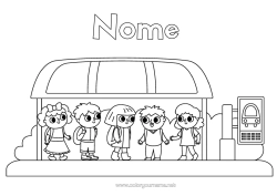 Desenho para personalizar Veículos Criança Ônibus, carro Transporte público terrestre Estudante Ponto de ônibus