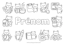 Coloriage à personnaliser Chat Kawaii École Livre Chiens et chats Lecture Crayon Cartable Rentrée scolaire Tableau de classe Fournitures scolaires équerre Science Ciseaux Pot de crayons