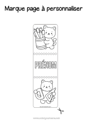 Coloriage à personnaliser Chat Kawaii Marque page École Chiens et chats Fournitures scolaires équerre Rapporteur Pot de crayons