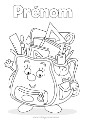 Coloriage à personnaliser Pinceau Cartable Rentrée scolaire Fournitures scolaires Cartoon équerre
