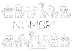Colorear gratis Jirafa Elefante Cebra Tiger León Actividades para niños Animales Mono Trazo y color Animales salvajes de África