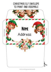 Free coloring Christmas elves Envelope Envelope to print Christmas Elf Trip Envelope for the Christmas Elf's Mail For several Christmas elves