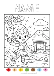 Free coloring Christmas elves Coloring by numbers Elves coloring pages Children's activities Japan Christmas Elf Trip Traveling Christmas Elves