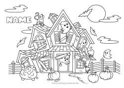 Colouring to customise Bat Ghost Black Cat Halloween Birds And Flying Mammals Haunted Manor