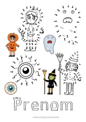 Coloriage à personnaliser Fantôme Citrouille Sorcière Halloween Jack O'lantern Activités Enfants Oeil Nombres À Relier