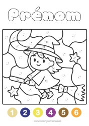 Coloriage à personnaliser Balai Sorcière Halloween Coloriages magiques Lune Coloriage par numéro avec dé