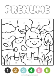 Pagină de colorat gratuită Desene magice de colorat Animal Vacă Desene de colorat ușoare Animale de fermă Colorare după numere cu un zar.