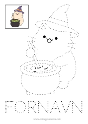 Gratis farvelægning Magisk gryde Kat Halloween Kawaii Nem farvelægning Tegn og farvelæg Hunde og katte