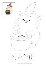 Free coloring Magic pot Cat Halloween Kawaii Easy coloring pages Trace and color Dog and cat