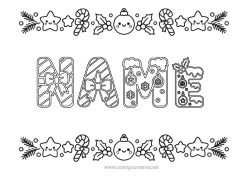 Free coloring Christmas Kawaii Christmas bauble Candy cane Mistletoe Decorated name