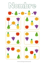 Colorear gratis Actividades para niños Piña Frutas Pera Uva Manzana Albaricoque Juego de lógica Secuencia lógica