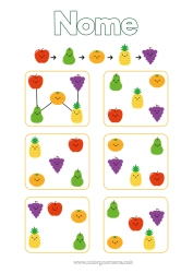 Desenho grátis Atividades para Crianças Abacaxi Frutas Pêra Uva Maçã Damasco Jogo de lógica Sequência lógica