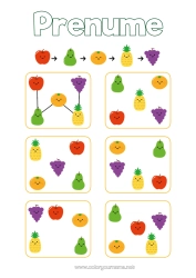 Pagină de colorat gratuită Activități pentru copii Ananas Fructe Pere Strugure Măr Caise Joc de logică Secvență logică