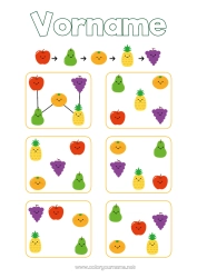 Kostenlose Malvorlage Kinderaktivitäten Ananas Früchte Birne Traube Apfel Aprikose Logikspiel Logische Folge
