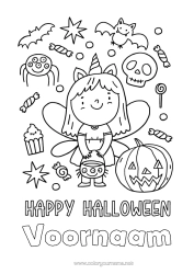 Gratis kleurplaat Vermomming Pompoen Snoep of een spreuk? Halloween Meisje Fee Inscriptie 'halloween'