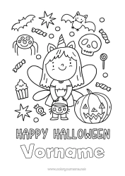 Kostenlose Malvorlage Verkleidung Kürbis Ein Bonbon oder ein Zauber? Halloween Mädchen Fee Beschriftung