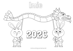 Rysunek za darmo Zając Smok 2023 Chiński Nowy Rok Smoki, jednorożce i fantastyczne zwierzęta Zwierzęta leśne 2025 Rok do personalizacji