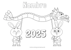 Colorear gratis Conejo Dragón 2023 Año Nuevo chino Dragones, unicornios y animales fantásticos Animales del bosque 2025 Año Personalizable